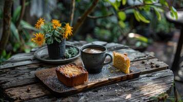 AI generated a coffee with a side of lemon pound cake, served on a rustic wooden table in a garden photo