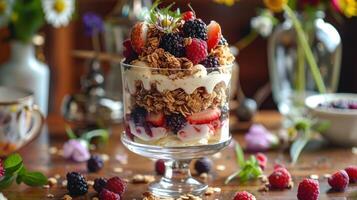 AI generated a spring fruit parfait, with layers of yogurt, granola, and fresh berries, served in a glass photo