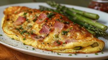 AI generated a ham and asparagus omelette, filled with diced ham, asparagus spears, and Swiss cheese photo