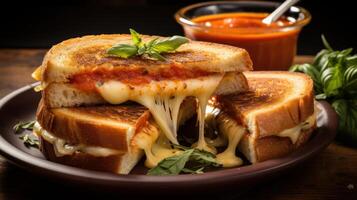 AI generated a gourmet grilled cheese sandwich, oozing with melted cheese and served with a side of tomato soup photo