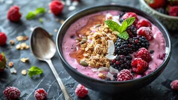 AI generated a berry and yogurt smoothie bowl, topped with granola, coconut flakes, and a drizzle of honey photo