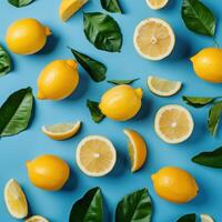 AI generated A flat lay showcasing a vibrant blue background adorned with a fresh lemon pattern photo