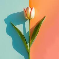 AI generated A tulip flower attached to a vibrant backdrop. Embracing a minimalistic concept photo