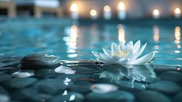 ai generado un tranquilo spa ambiente presentando un agua lirio y zen Roca en un sereno piscina foto