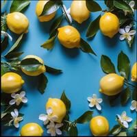 AI generated A flat lay showcasing a vibrant blue background adorned with a fresh lemon pattern photo