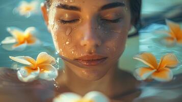 AI generated A portrait featuring a young beautiful woman in a spa setting, with a blurred face and the focus on a flower photo