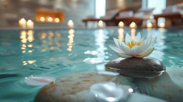 ai generado un tranquilo spa ambiente presentando un agua lirio y zen Roca en un sereno piscina foto