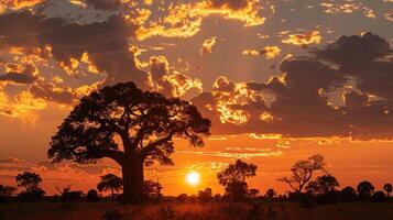 ai generado un maravilloso escena de baobab arboles silueta en contra un naranja puesta de sol cielo con nubes foto