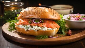 AI generated a smoked salmon sandwich, with creamy cream cheese, red onion, capers, and dill on a bagel photo