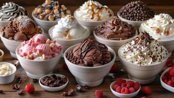 AI generated a sundae bar, with various flavors of ice cream and a variety of toppings for customers to choose from photo