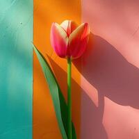 AI generated A tulip flower attached to a vibrant backdrop. Embracing a minimalistic concept photo