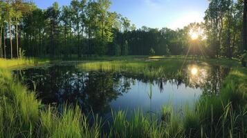 AI generated A panoramic view captures the bright sun shining through green trees and tall grass, reflecting in a water pond photo