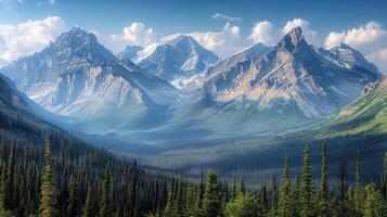 AI generated A panoramic view of rugged, snow-capped mountains, their peaks piercing the sky photo