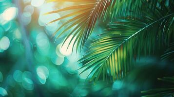 AI generated Beautiful blurred green palm leaves against a tropical beach backdrop photo