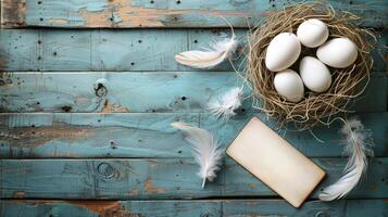 ai generado bandera presentando Pascua de Resurrección huevos y plumas en un nido en un azul de madera fondo, encarnando un minimalista concepto foto