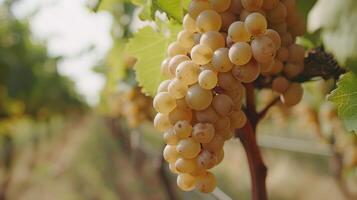 ai generado un de cerca Disparo exhibiendo un racimo de uvas colgando en un vid en un viñedo foto