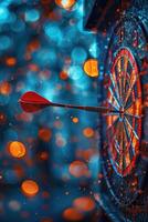 AI generated A sharp dart hits the target with precision, arrow in focus against a blurred bokeh background. photo