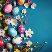 AI generated cute easter background with colorful eggs and flowers photo