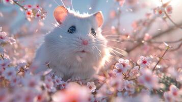 AI generated A white hamster set against the backdrop of a lovely spring scene photo