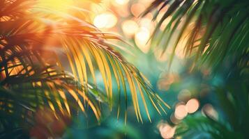 ai generado hermosa borroso verde palma hojas en contra un tropical playa fondo foto