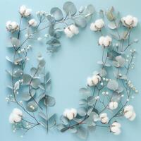 AI generated Cotton Flowers and Eucalyptus Branches Arranged on a Pastel Blue Background photo