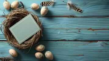 ai generado bandera presentando Pascua de Resurrección huevos y plumas en un nido en un azul de madera fondo, encarnando un minimalista concepto foto