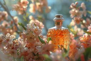 ai generado botella de perfume rodeado por flores foto
