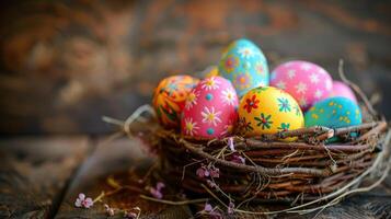 ai generado Pascua de Resurrección huevos arreglado en un cesta hecho de de madera tableros foto