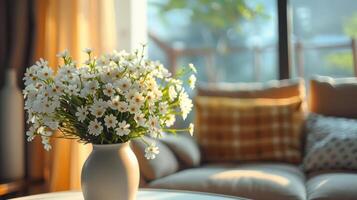 ai generado en un moderno de casa vivo habitación, un florero de encantador blanco flores se sienta en un mesa siguiente a un cómodo silla por el ventana foto