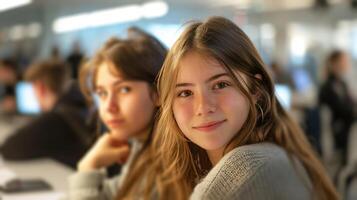 AI generated two focused girls posing for the camera in a workspace, with schoolboys in the background photo