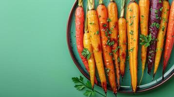 AI generated Rainbow roasted carrots with herbs displayed on a plate against a vibrant green backdrop photo