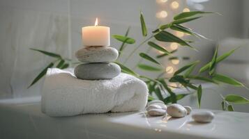 AI generated Still life spa setting featuring stacked stones, a burning candle, and bamboo leaves photo