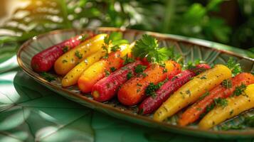AI generated Rainbow roasted carrots with herbs displayed on a plate against a vibrant green backdrop photo