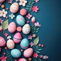 AI generated cute easter background with colorful eggs and flowers photo