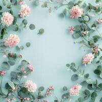 AI generated otton Flowers and Eucalyptus Branches Arranged on a Pastel Blue Background photo