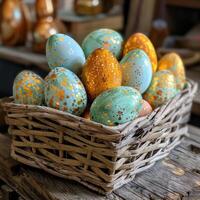 ai generado Pascua de Resurrección huevos arreglado en un cesta hecho de de madera tableros foto