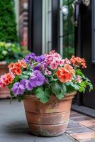 AI generated Flower pot or planter containing geraniums, calibrachoas photo