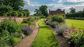 ai generado vibrante Camas de flores y curva césped camino en un encantador Inglés formal jardín foto