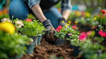 ai generado jardineros son plantando flores por mano en ollas lleno con suciedad o suelo foto