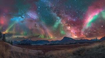 ai generado cintas de verde, rosa, y púrpura danza a través de el noche cielo, pintura eso con de otro mundo colores foto