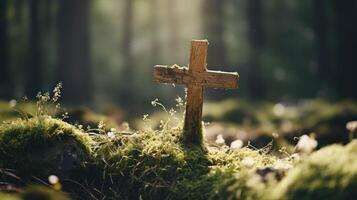 AI generated easter cross concept in the nature with blurred background photo