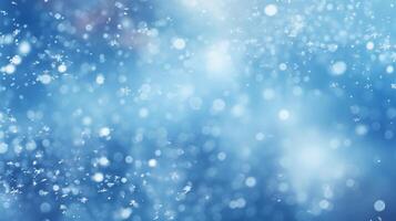 ai generado Navidad fondo, azul copos de nieve, difuminar, bokeh foto