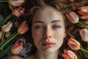 ai generado amable retrato de un niña rodeado por tulipanes, parte superior vista, primavera estado animico foto
