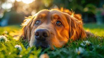 ai generado perro acostado en el césped y mirando a el cámara foto