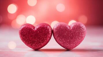 AI generated two pink hearts on a pink background with sparkles. Valentine's Day background photo