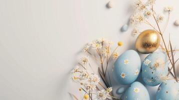 AI generated minimalist easter holiday background with golden and blue eggs and white background photo