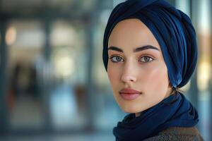 AI generated stylish young Muslim Arab woman wearing a navy blue head scarf turban photo