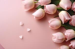 ai generado rosado corazón conformado regalo caja y tulipanes en un rosado antecedentes foto