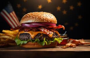ai generado americano bandera en pie en parte superior de un hamburguesa foto