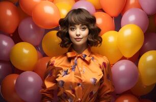 AI generated a girl holding several colorful balloons on an orange background photo